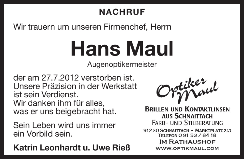  Traueranzeige für Hans Maul vom 31.07.2012 aus Pegnitz-Zeitung